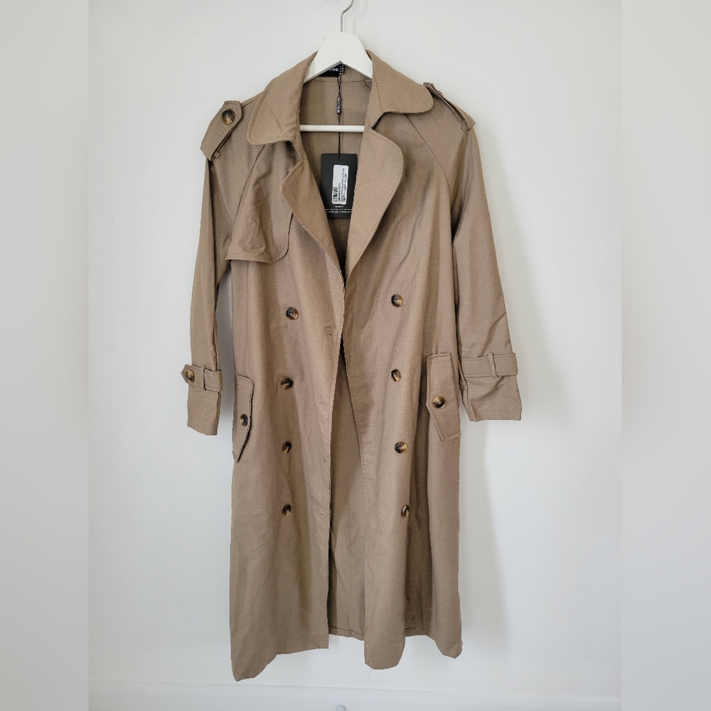 Pretty Little Thing Petite Stone Woven Oversized Trench Coat Size 0 US